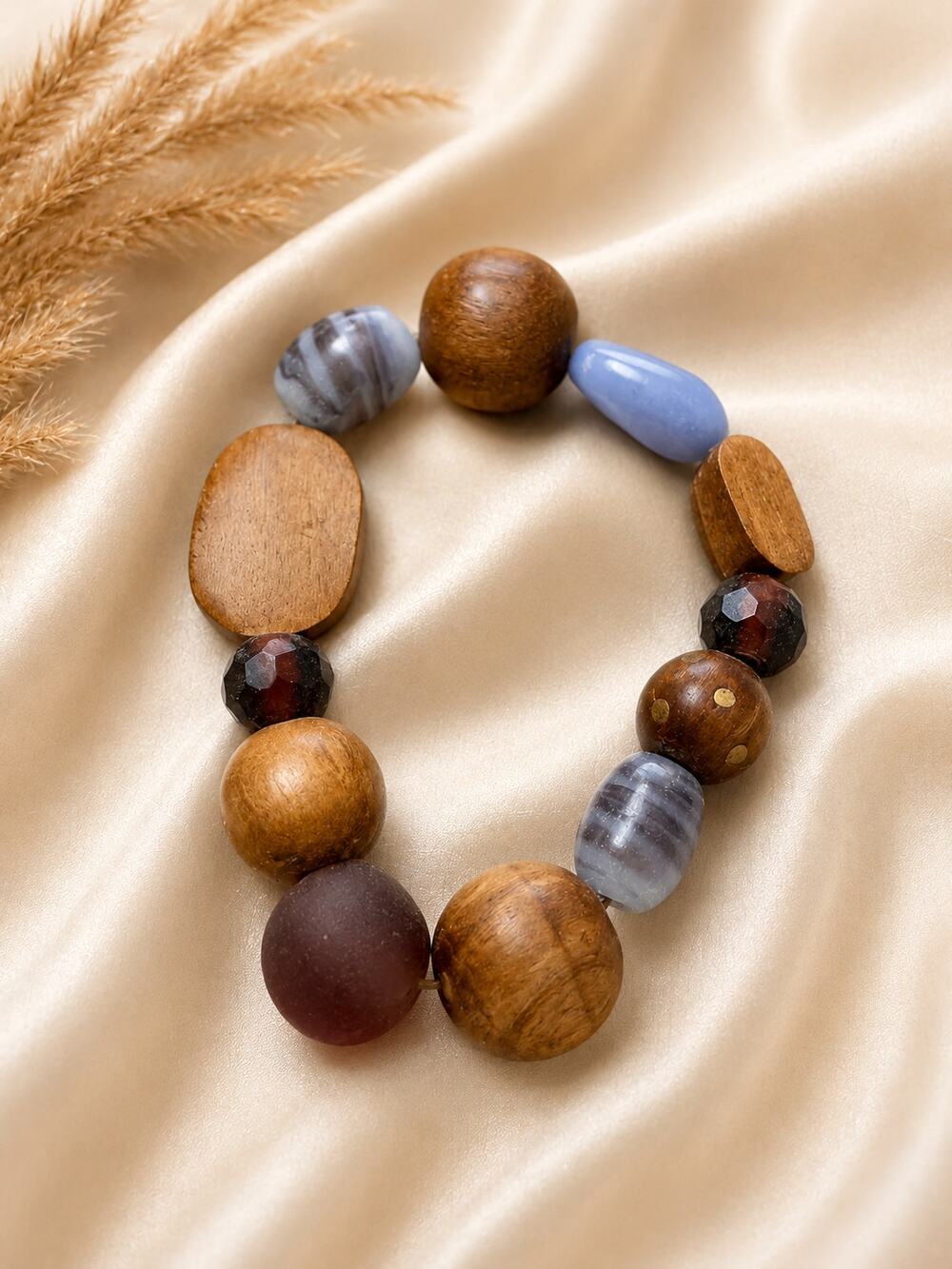 Vintage Boho Stretch Bracelet Wood Beads Blue Agate Mixed Bead Statement Bracele